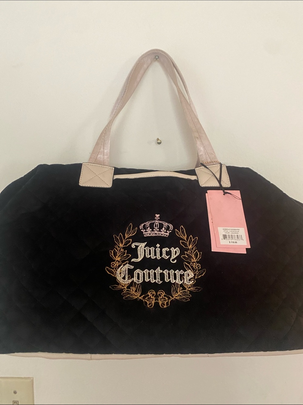 Juicy Couture Black Quilted Tote with Light Pink Handles and Gold Embroidery